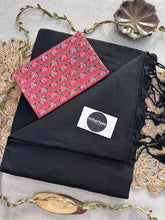 Black Handloom Cotton Saree With Red Print Blouse